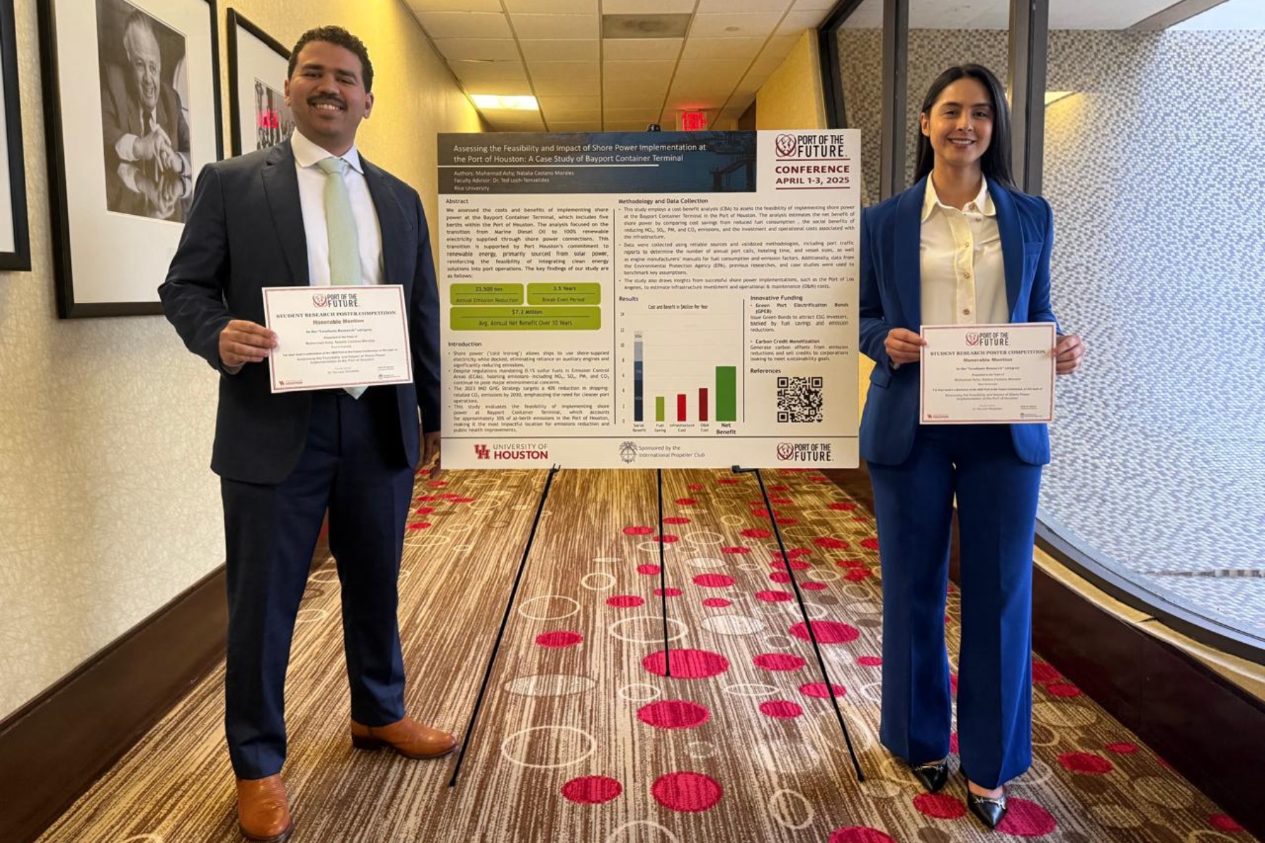 students standing in front of research poster, holding awards