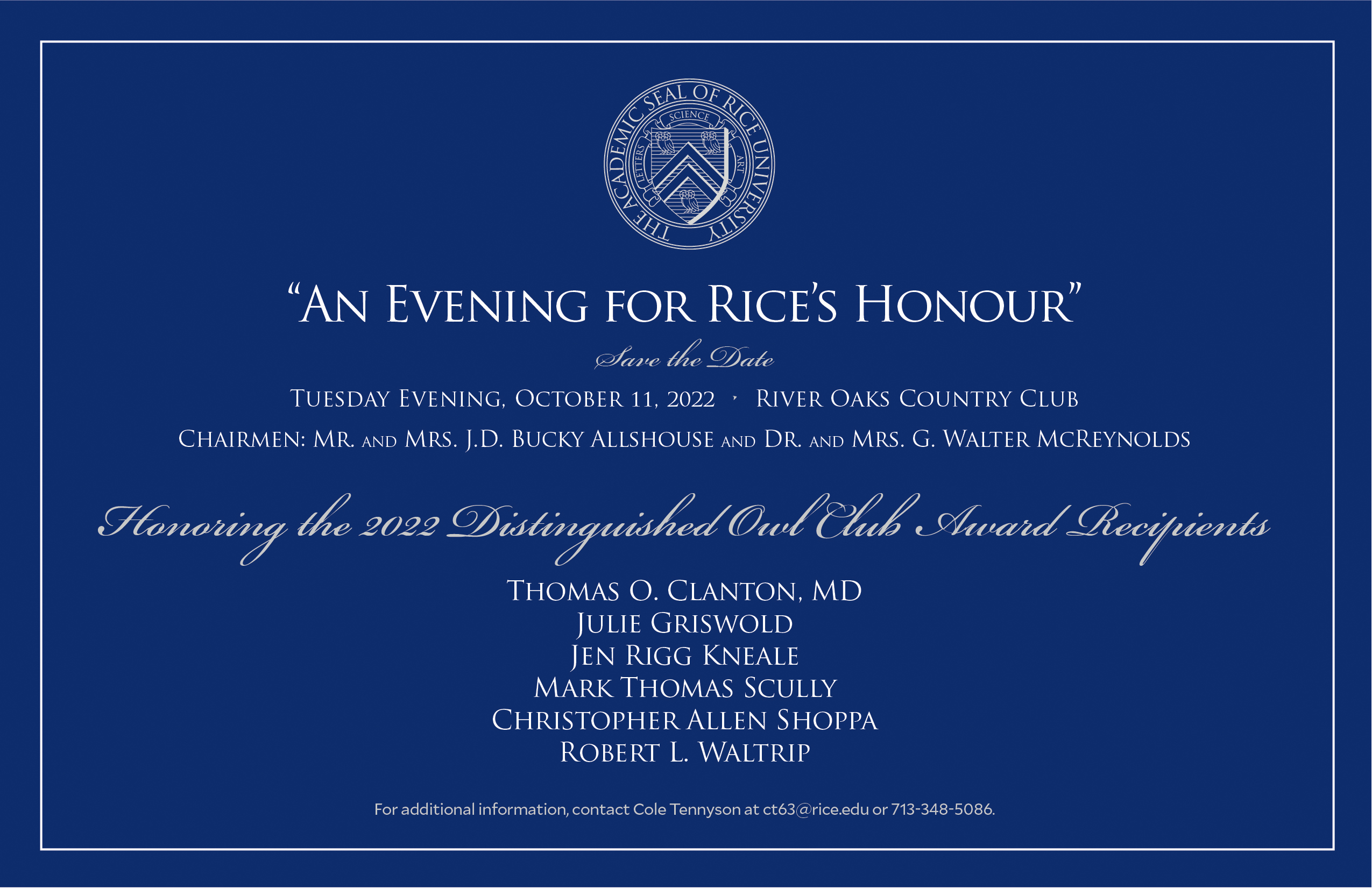 Save the Date for An Evening in Rice's Honour 2022